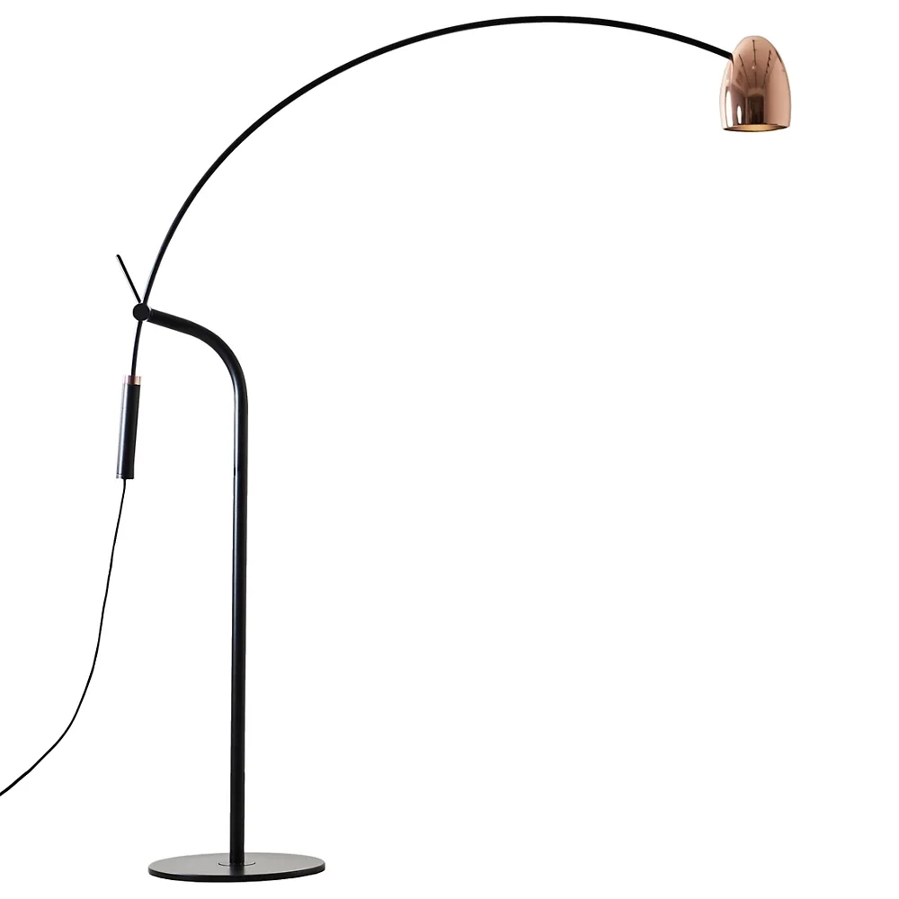 Modern floor lamp with a black stand and a copper-colored dome-shaped shade