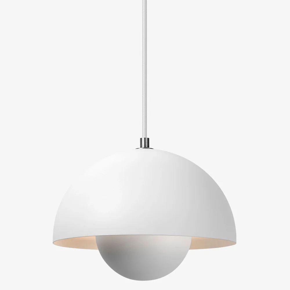 Modern white pendant light fixture with a spherical bottom, hanging from a thin silver cord.