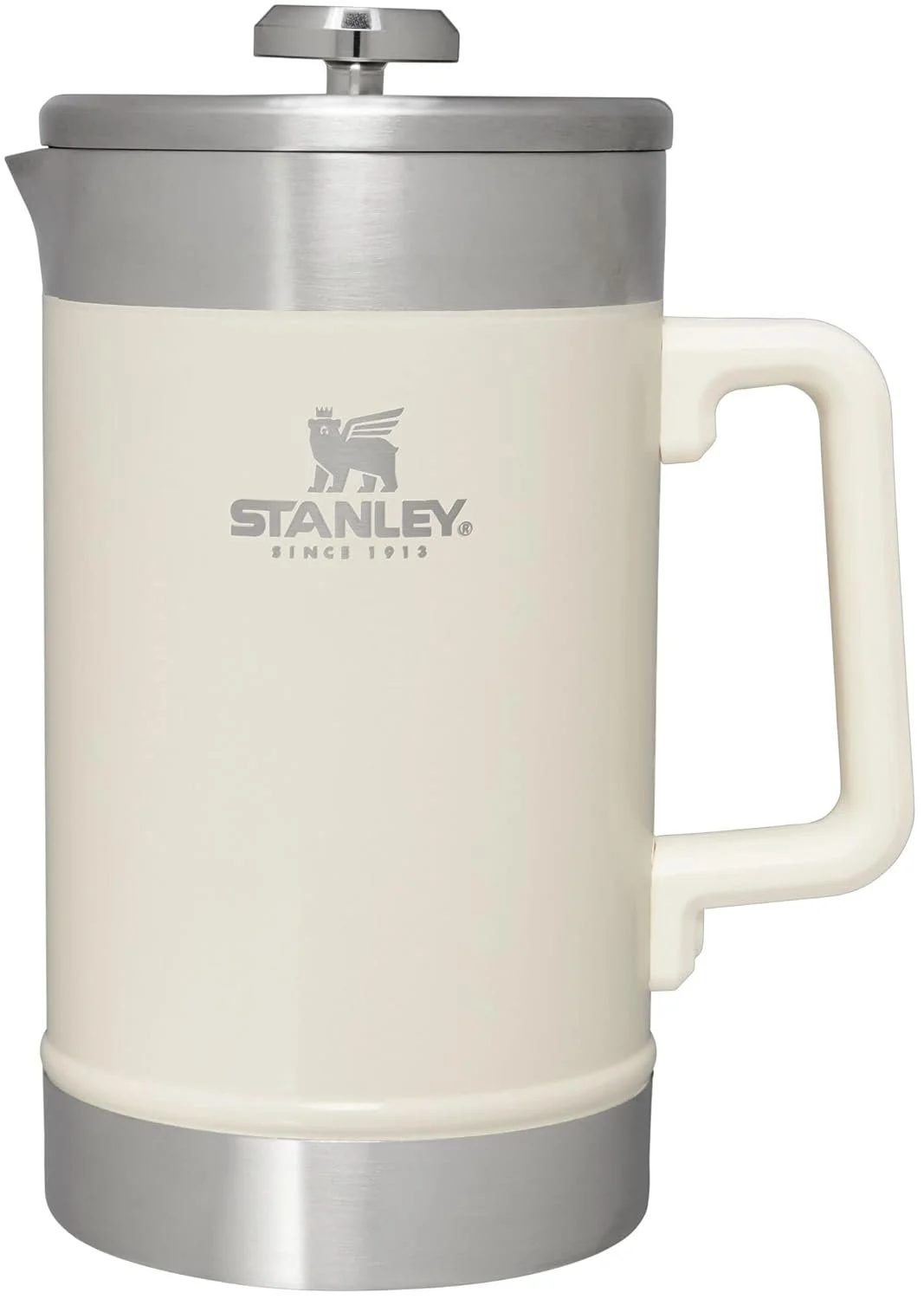 A Stanley stainless steel mug with a cream-colored body, stainless steel lid, and a handle on the right side.