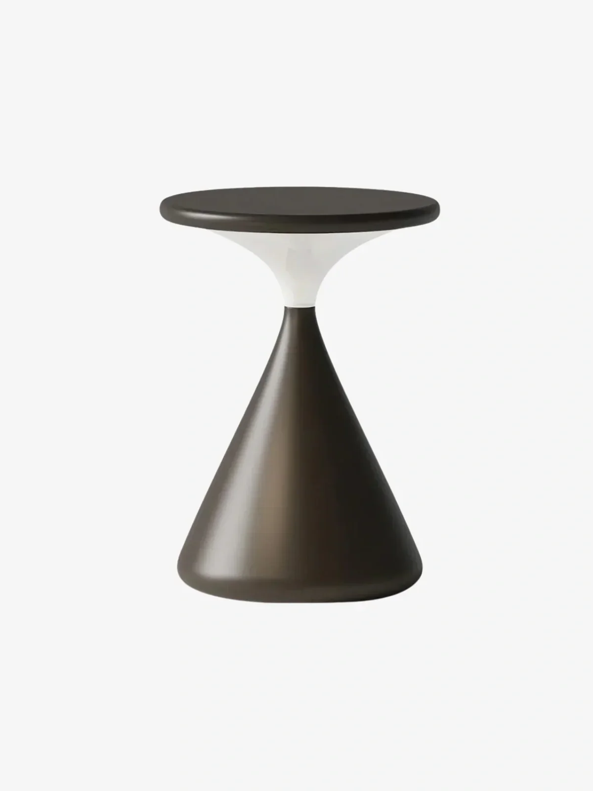 Modern black and white side table with a conical base and a round top.