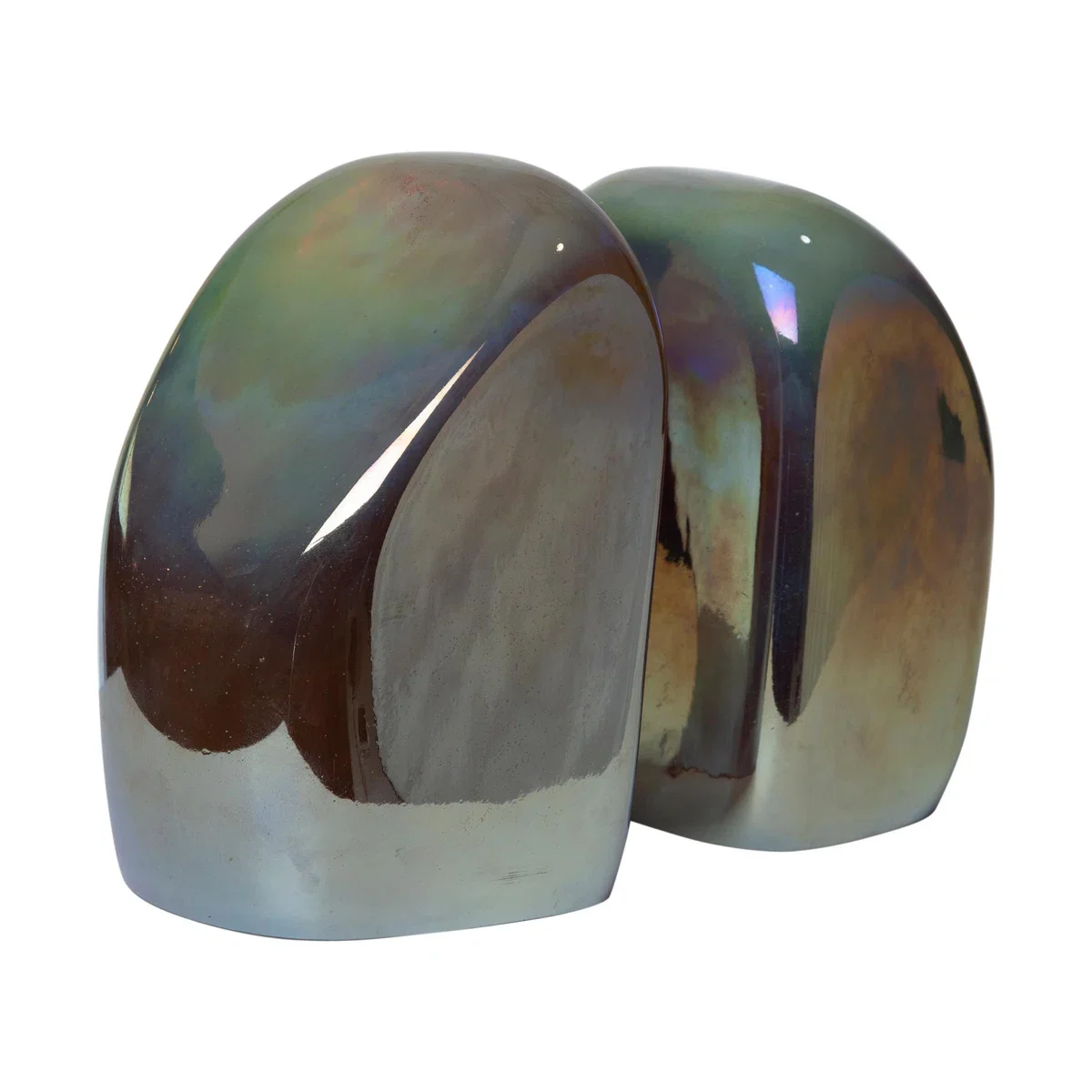 Two polished, abstract, metallic bookends with a reflective, iridescent surface.