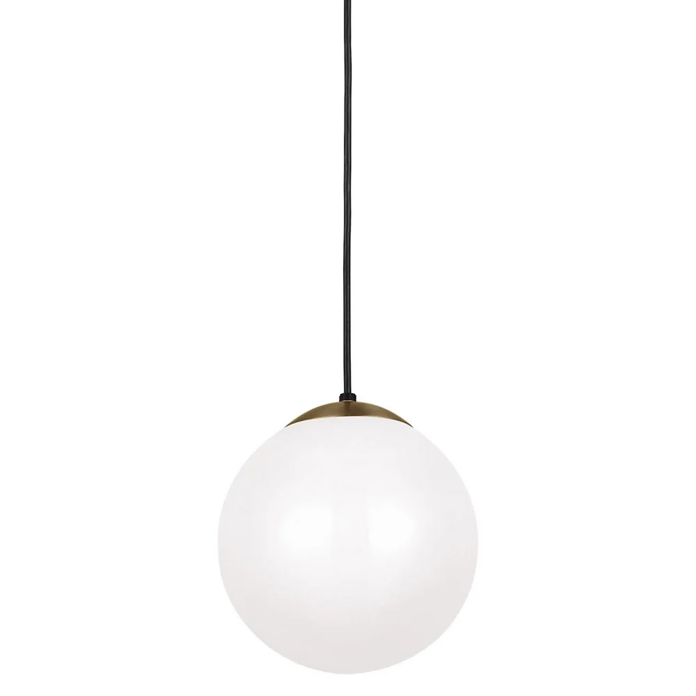 A modern pendant light with a white spherical glass shade hanging from a black cord.