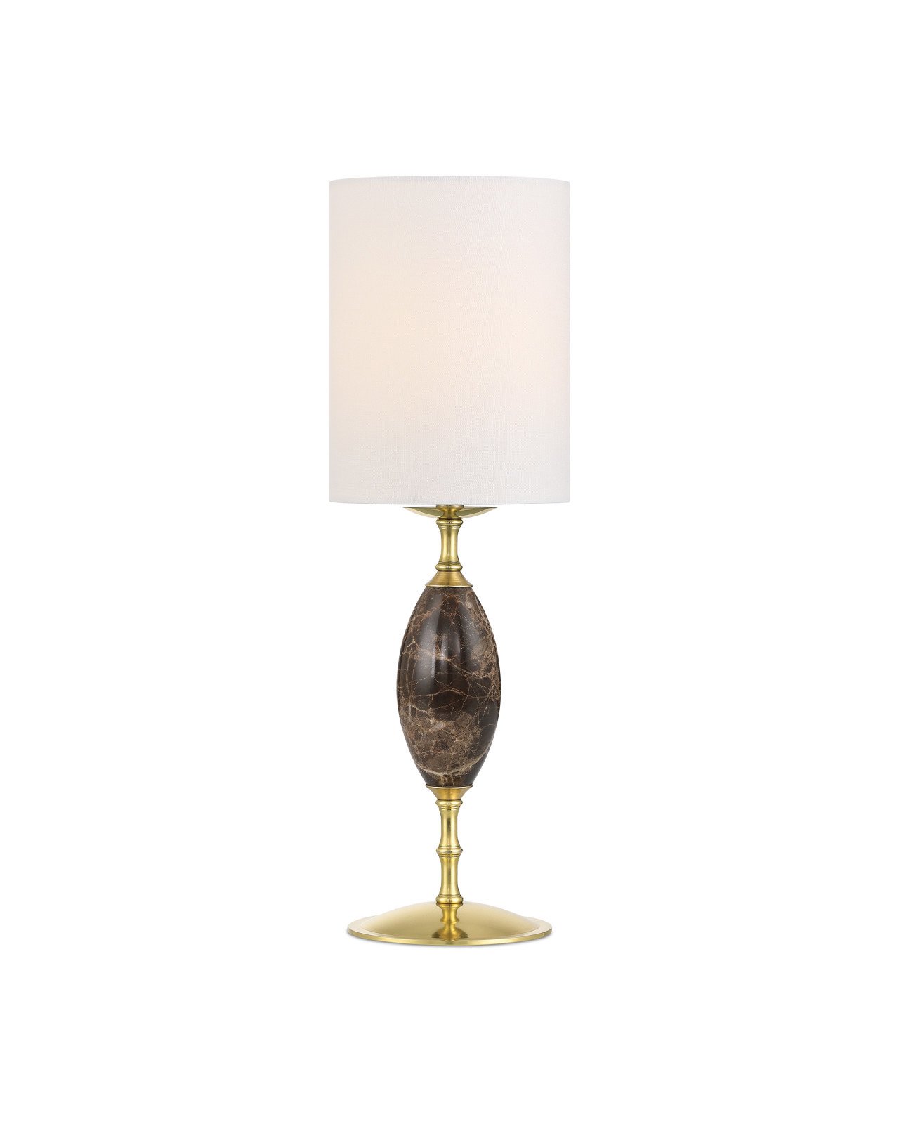 cordless table lamp with a white fabric shade, a gold-colored base, and a decorative brown marble middle section.