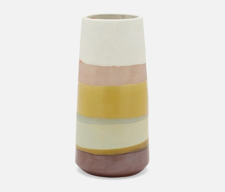 Ceramic vase with horizontal pastel-colored stripes