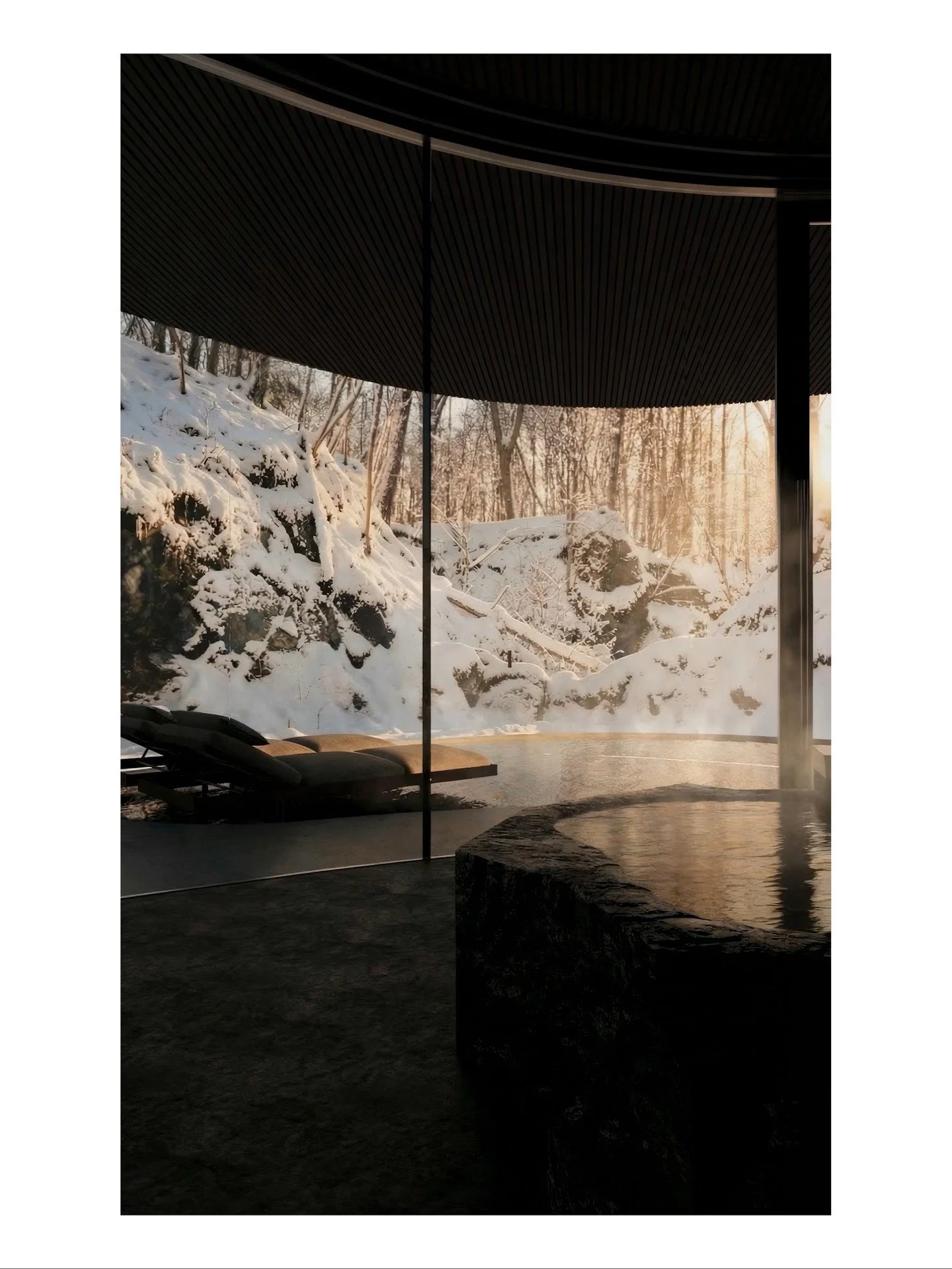 Nature Within
NOT A HOTEL Kitakaruizawa.

ONSEN &amp; BATH AREA
Embraced by layered shadows formed by the surrounding rocks, the open-air onsen unfolds as a seamless extension of the site&rsquo;s geological character. Under the open sky, the hot spri