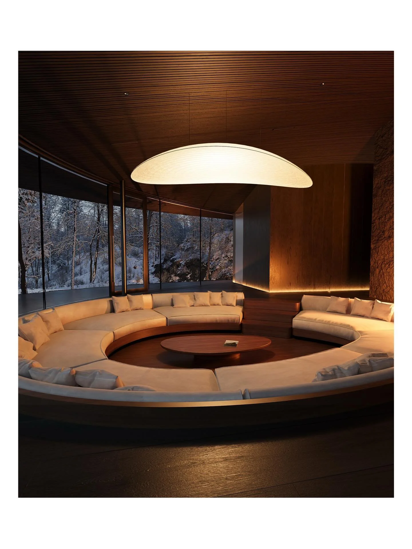 Nature Within
NOT A HOTEL Kitakaruizawa.

Living &amp; Dining
The approximately 70m&sup2; living/dining room offers an open, panoramic view that makes you feel as if you are in the middle of a forest. The original oval sofa and pendant lights, design