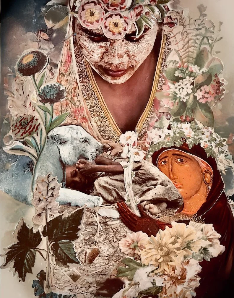 A collage of various images including a woman with a cracked face, a sleeping child, a lion, a religious figure, and floral designs.