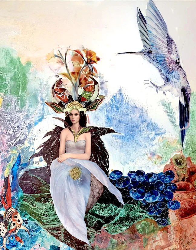 Surreal collage with a woman with black wings and a headdress, sitting on a large shell, surrounded by grapes, pottery, and a blue butterfly in a colorful abstract background.