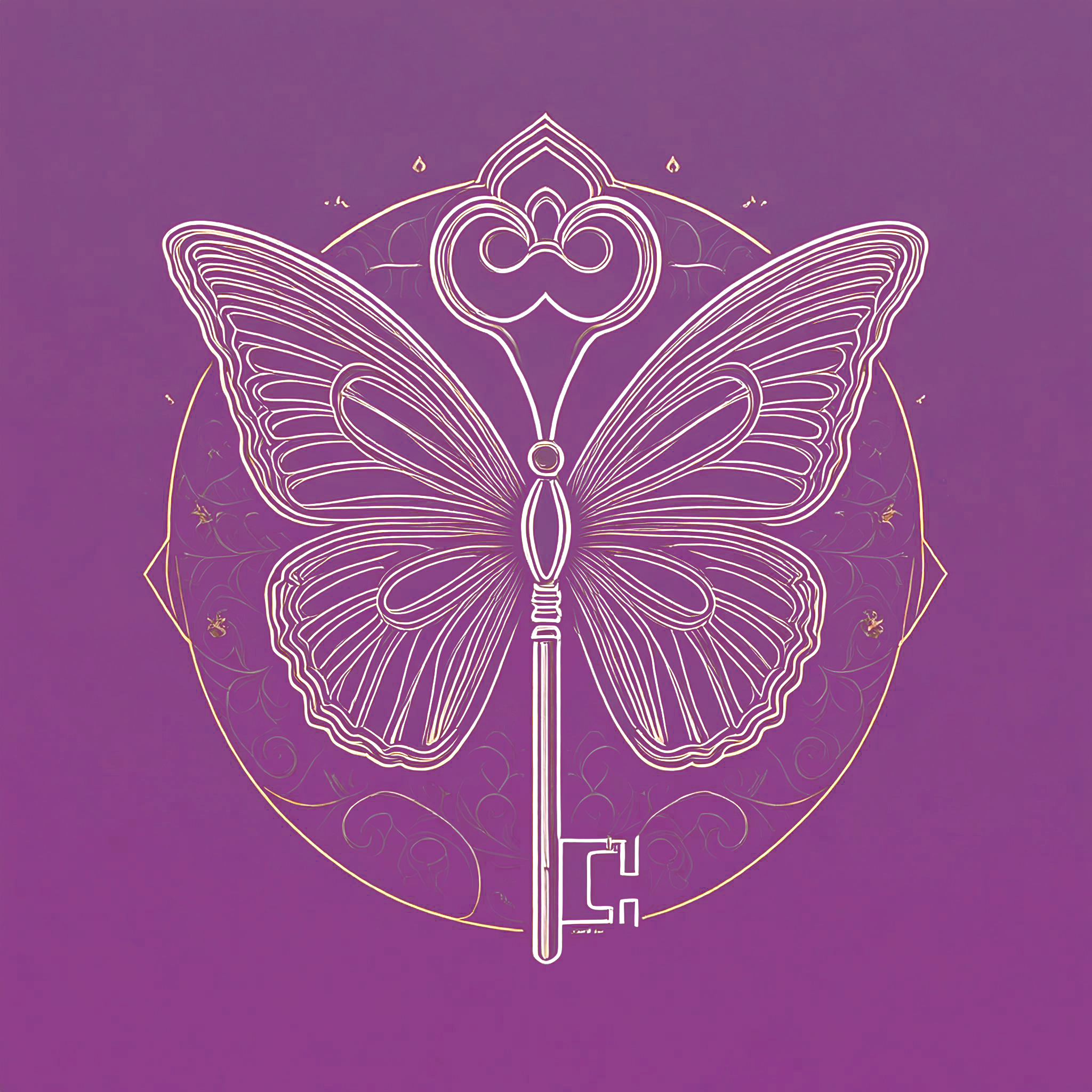 A glowing, line-art style butterfly with intricate patterns on its wings, set against a purple background with decorative circular elements.