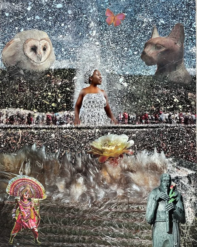 Collage of animals, a woman, and cultural figures on a textured background with a flower and a butterfly.