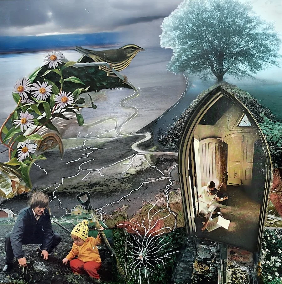 A collage depicting nature and human activity, including mountains, a river, a tree, a bird perched on flowers, lightning bolts, and a person playing a violin inside a hollowed-out tree trunk.