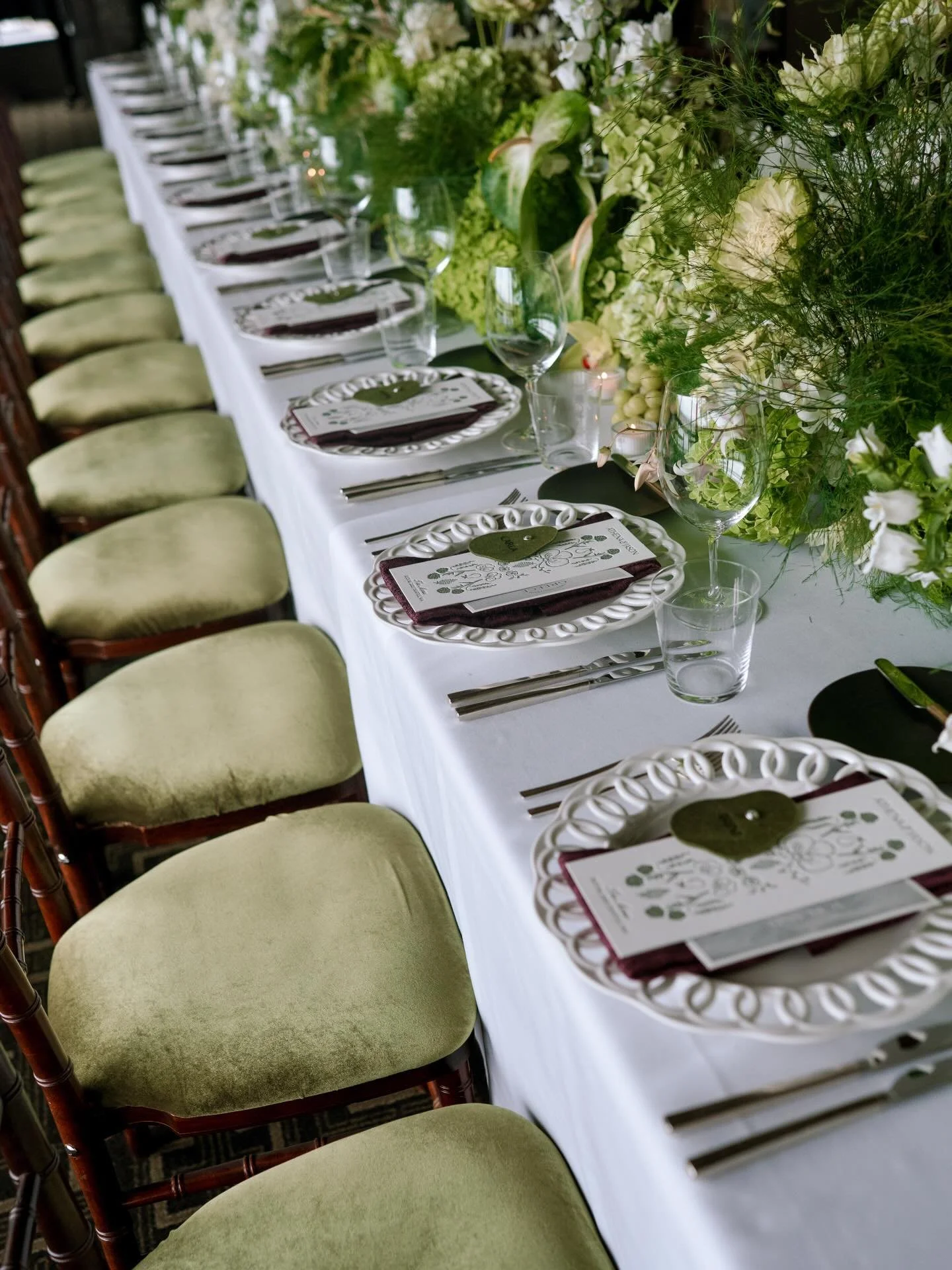 My heart skips a beat when all the little details come together to create something greater. From the color matched olive velvet seats with the place cards to individualized post cards with poems from the couple for each guest. This reception was sim