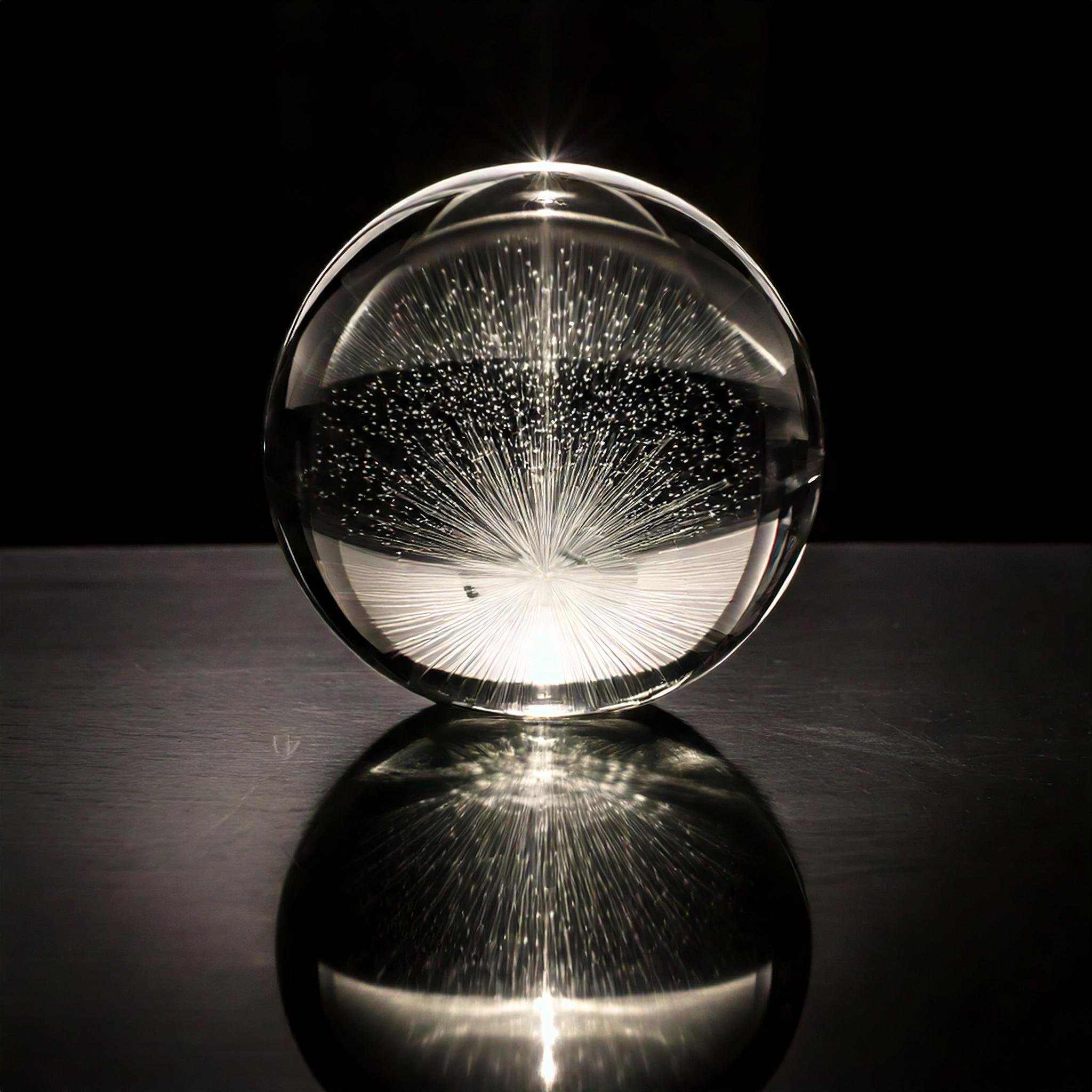 Firefly In a black and white, a perfectly round, clear crystal ball sits on a shiny table, it's imag (2).jpeg