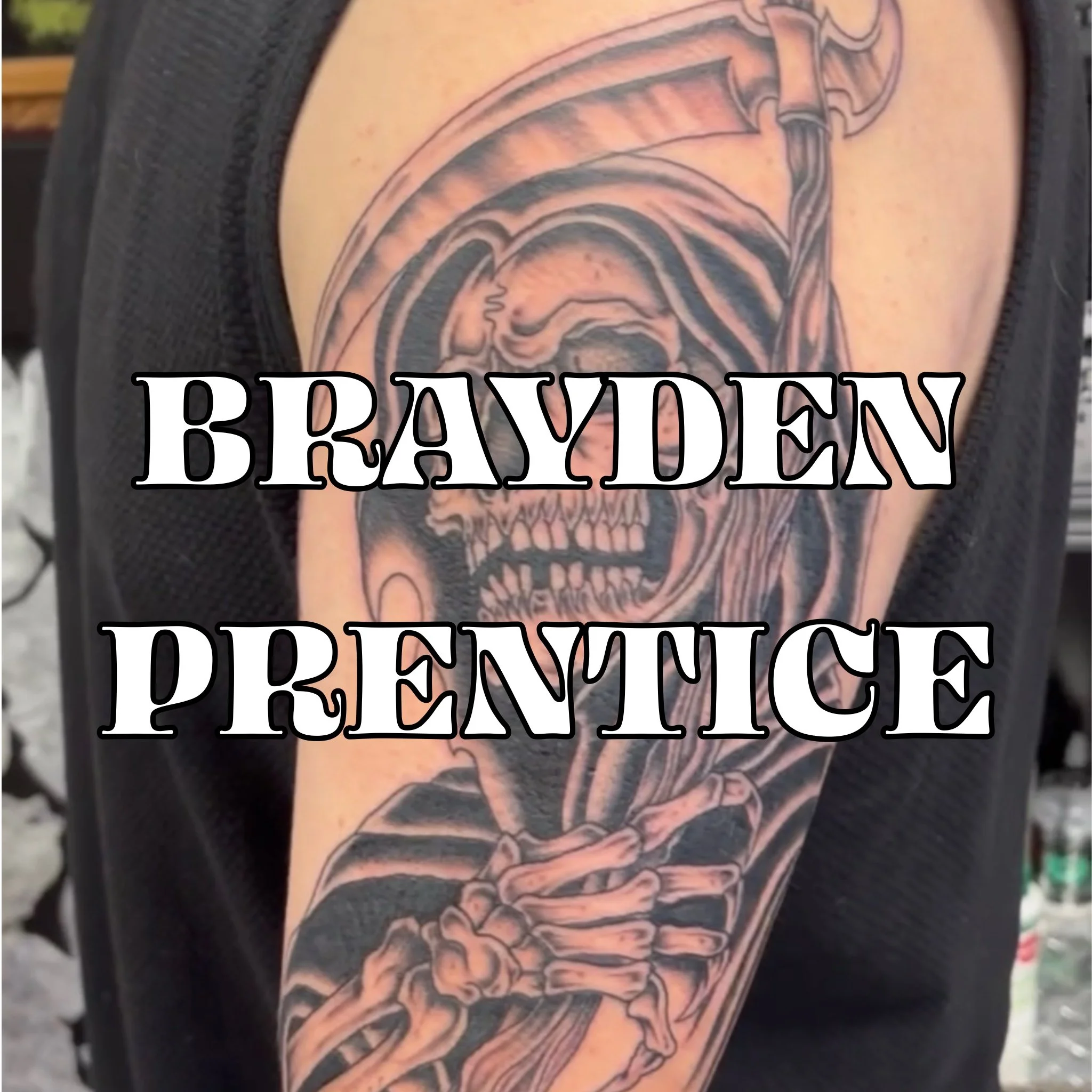 Black & Grey Tattoo by Brayden Prentice of a Grim Reaper with a Scythe.