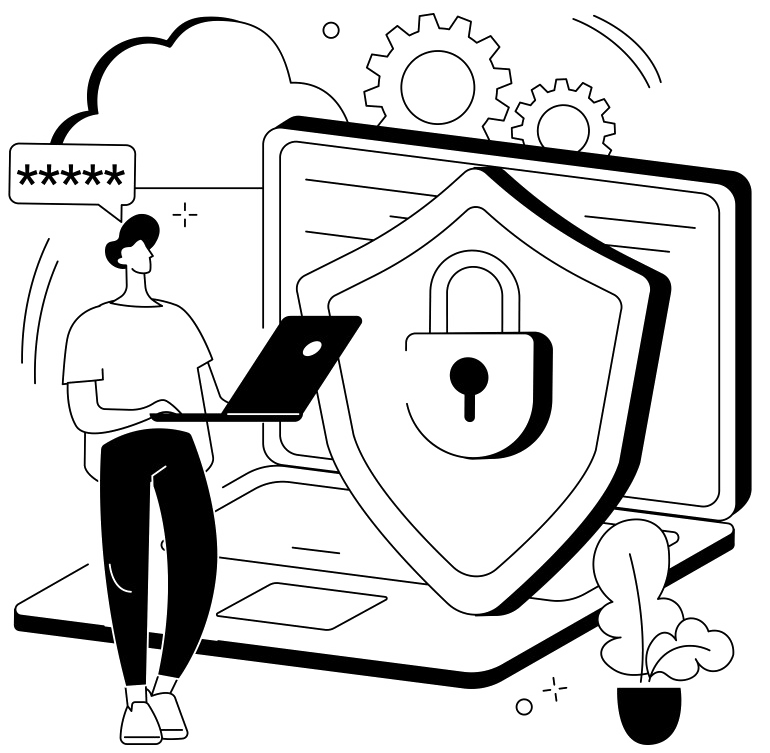 Illustration of two abstract figures, one using a laptop and the other pointing at "IT" with gears in the background, representing technology and instruction.