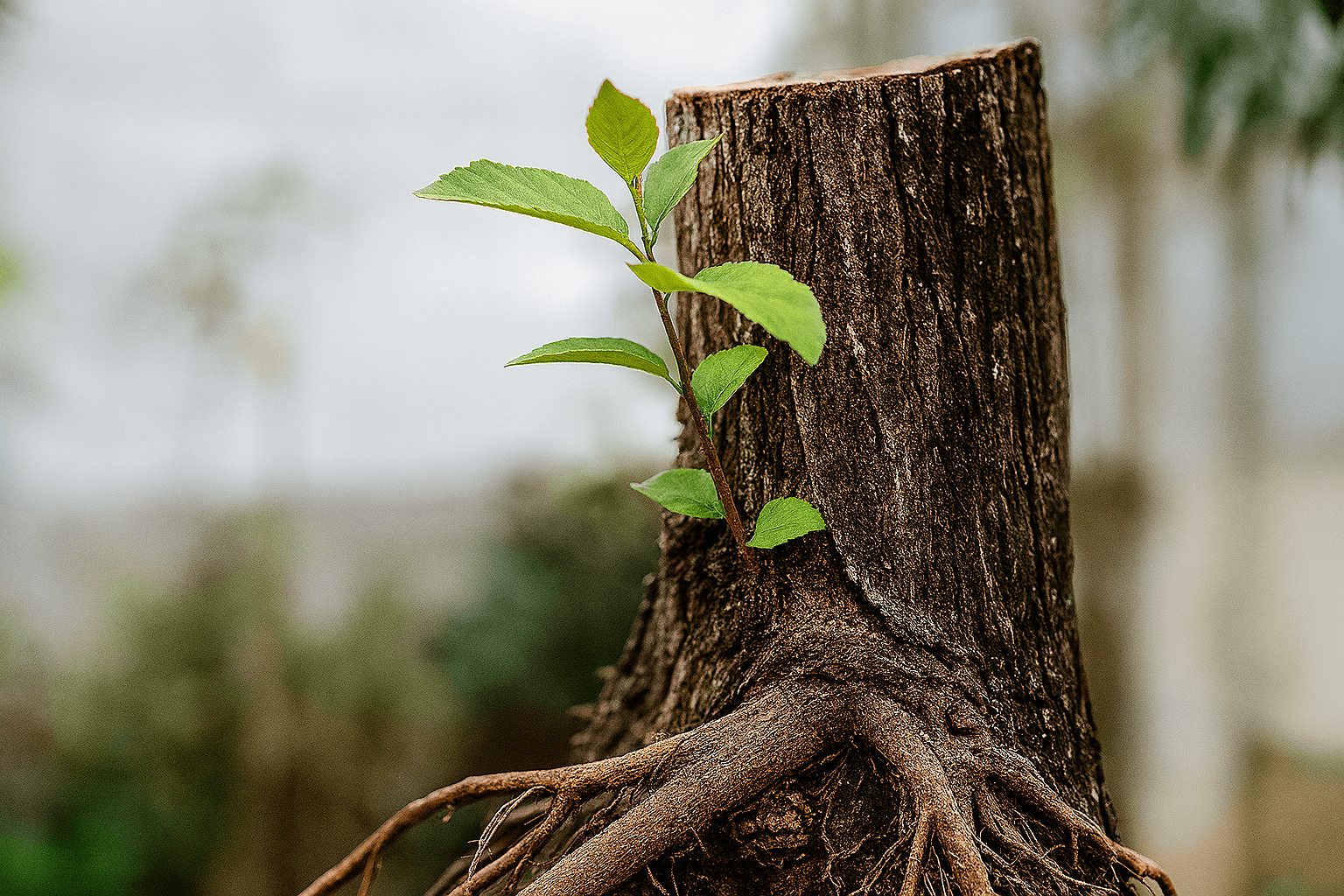 A small green plant growing on a tree stump with roots visible at the base.