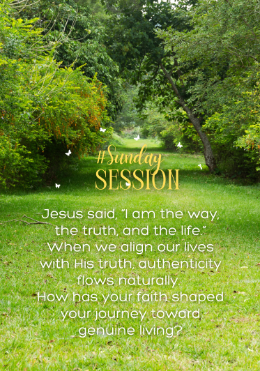 A lush green pathway surrounded by trees with white butterflies, overlaid with text about a Sunday session and a quote from Jesus.