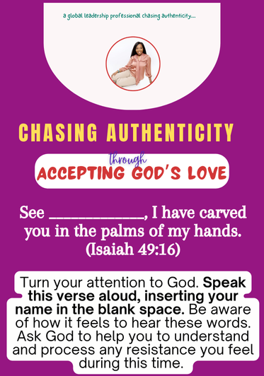 Promotional flyer for a faith-based event titled 'Chasing Authenticity' with a photo of a woman, details about a Bible verse from Isaiah 49:16, and instructions for prayer and reflection.