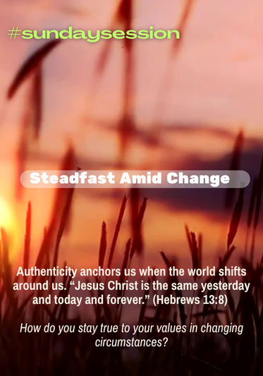 A background of tall grass in front of a sunset sky with pink and orange hues, overlaid with text about a Sunday session and faith.