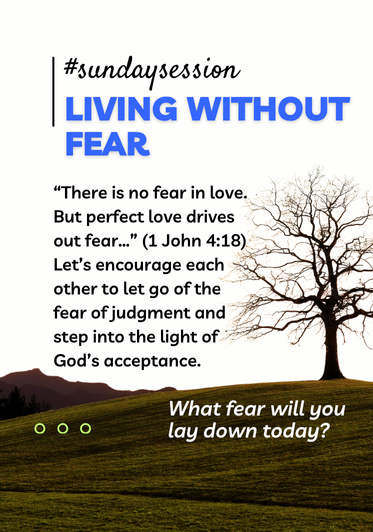 Inspirational quote about living without fear, featuring a landscape with a leafless tree and hills, and the question 'What fear will you lay down today?'