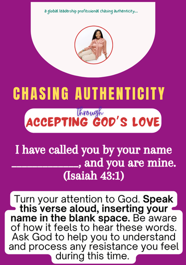 Religious-themed poster titled 'Chasing Authenticity through Accepting God's Love' with a woman in pink sitting cross-legged, encouraging prayer and reflection based on Isaiah 43:1.