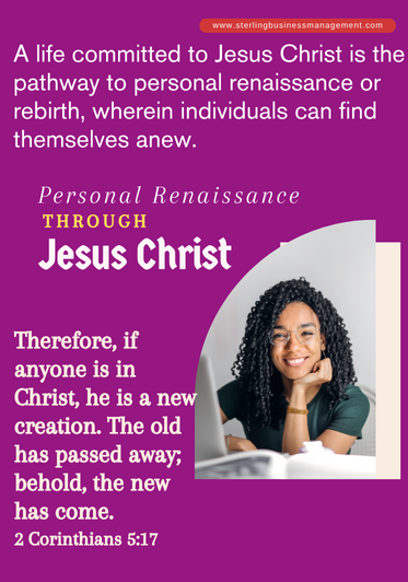 A religious quote about personal renaissance through Jesus Christ, with a smiling woman in a green shirt and glasses, and a Bible on the table.