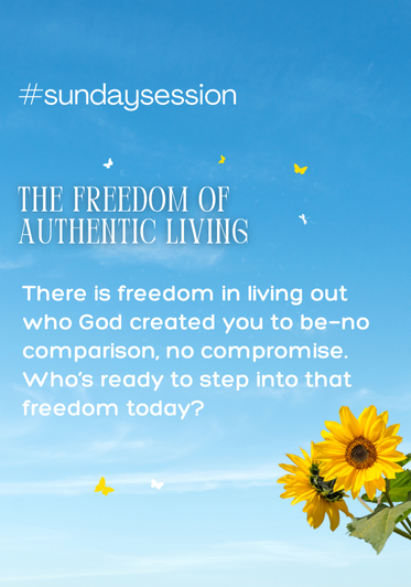 A blue sky with some white clouds and yellow butterflies, featuring text about freedom of authentic living and a bunch of sunflowers in the bottom right corner.