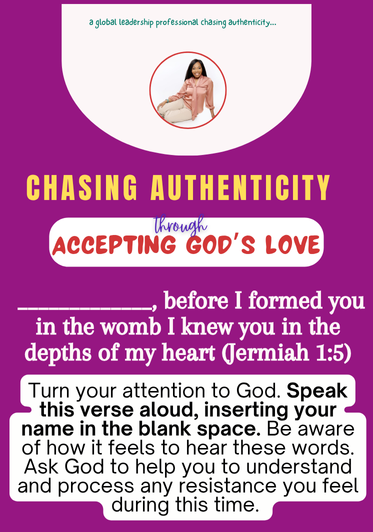 Design poster titled 'Chasing Authenticity through Accepting God's Love' with a woman sitting in a circle at the top and bible verse Jeremiah 1:5. Includes instructions to speak aloud and insert name, with purple and white background.