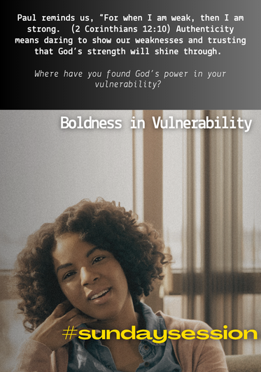 A woman with curly hair smiling, resting her head on her hand, sitting in a room with vertical curtains behind her, with overlaid text about strength in vulnerability and a hashtag #sundaysession.