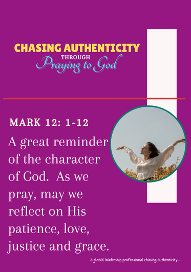 Bright purple and white cover with the title 'Chasing Authenticity Through Praying to God'. A scripture from Mark 12:1-12 about God's character. A woman with arms raised outdoors in a circular photo. Additional text about reflecting on God's patience