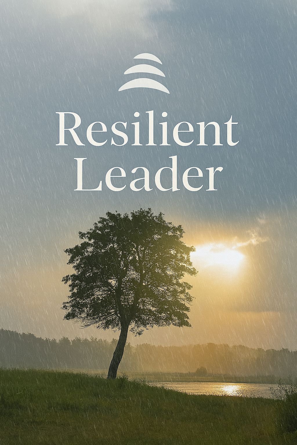 A scenic landscape of a single tree near a river at sunset, with rain falling and the words 'Resilient Leader' overlaid.