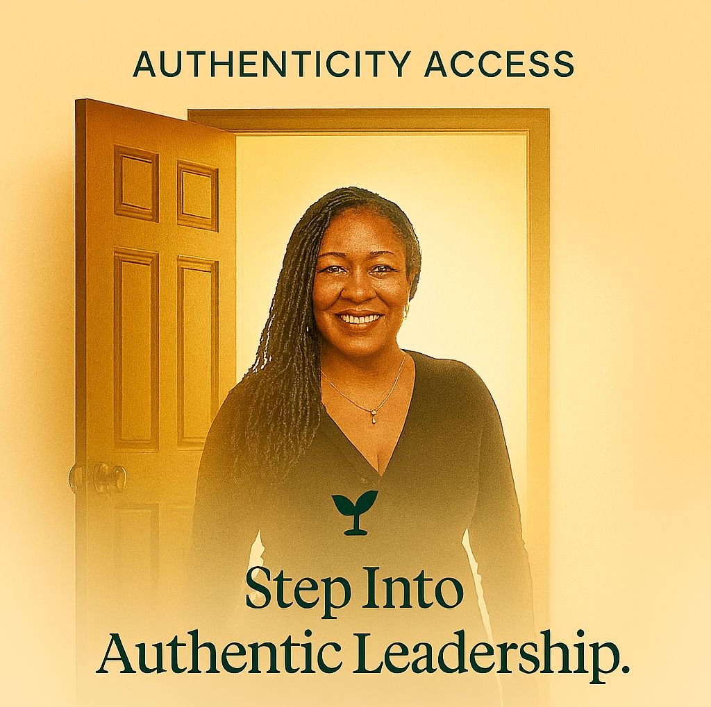 A woman standing in front of a door with a sign above her that reads 'AUTHENTICITY ACCESS.' She is smiling, wearing a black top, and has her hair styled in braids. There is text below her that says 'Step Into Authentic Leadership.'