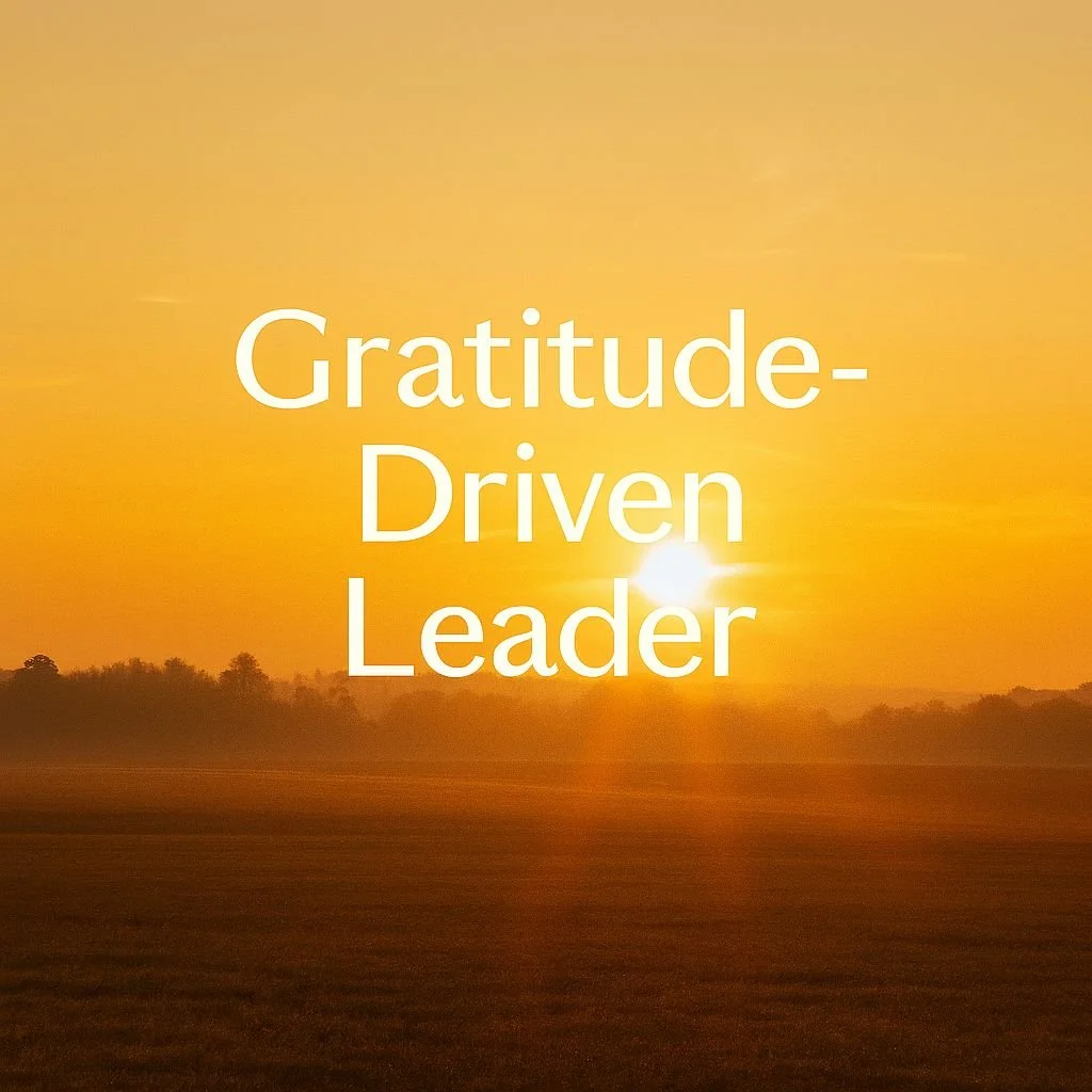 Sunset over a field with trees in the distance, with the words 'Gratitude-Driven Leader' written across the sky.