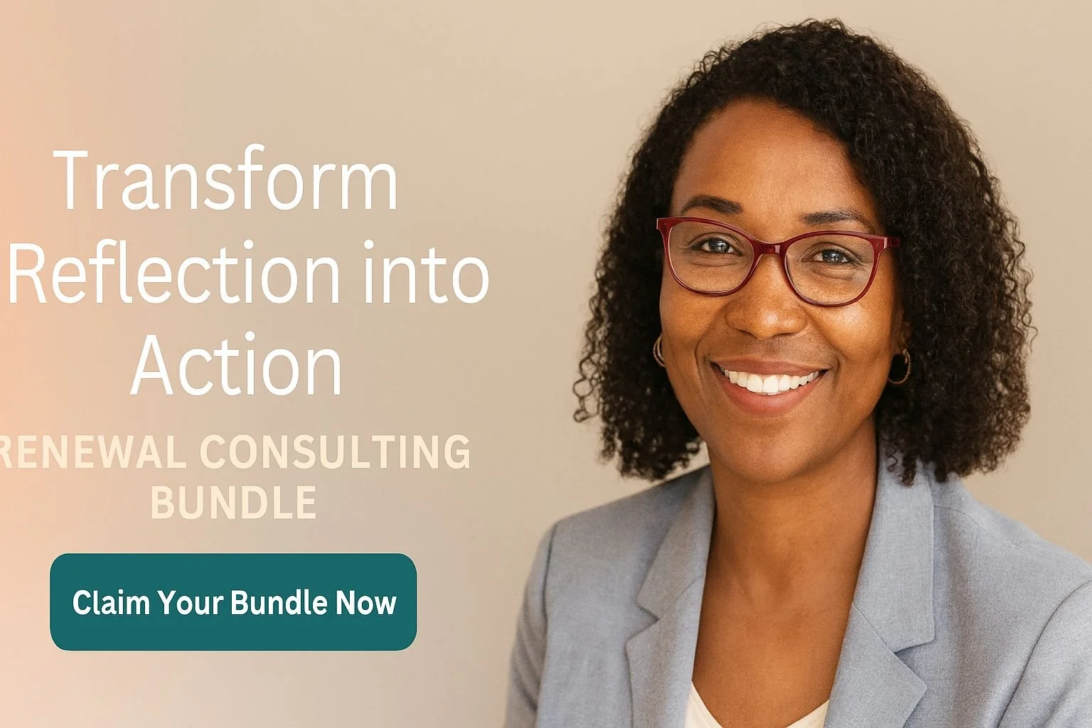 A smiling woman with curly hair and red glasses wearing a gray blazer, promoting a renewal consulting bundle.