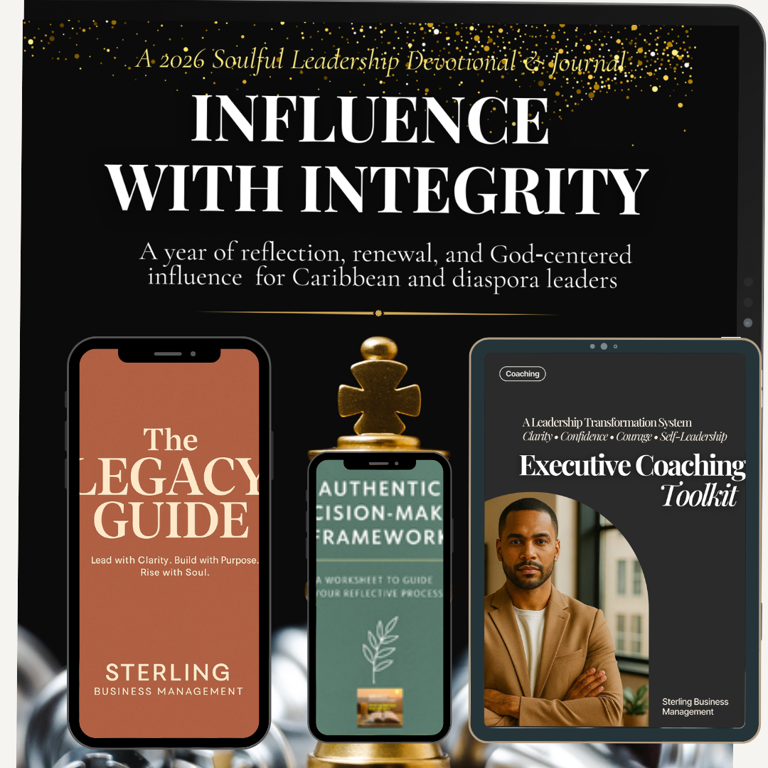 2026 Soulful Leadership Devotional and Journal titled 'Influence with Integrity'. Includes screenshots of three digital guides: The Legacy Guide, Authentic Vision-Maker Framework, and Executive Coaching Toolkit, from the digital leadership store.