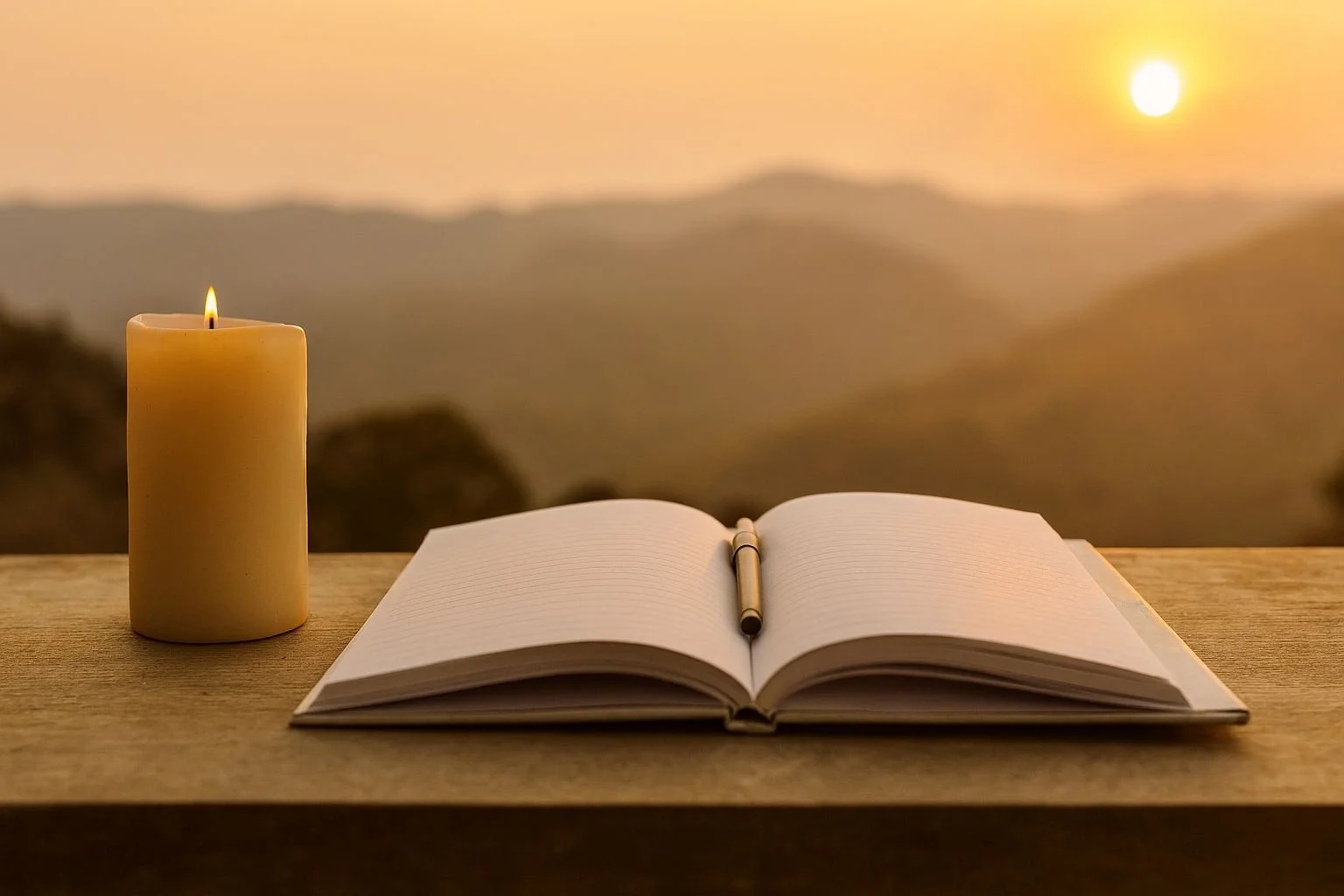 Open blank notebook with a pen on a wooden surface, candle on the left, sunset views in the background