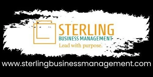 Sterling Business Management logo with tagline 'Lead with purpose' and website www.sterlingbusinessmanagement.com