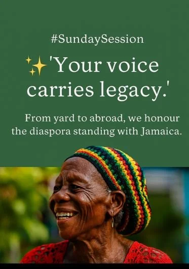 A smiling elderly woman wearing a colorful knit hat, with a green background and text emphasizing the importance of voice and legacy, mentioning Jamaica.
