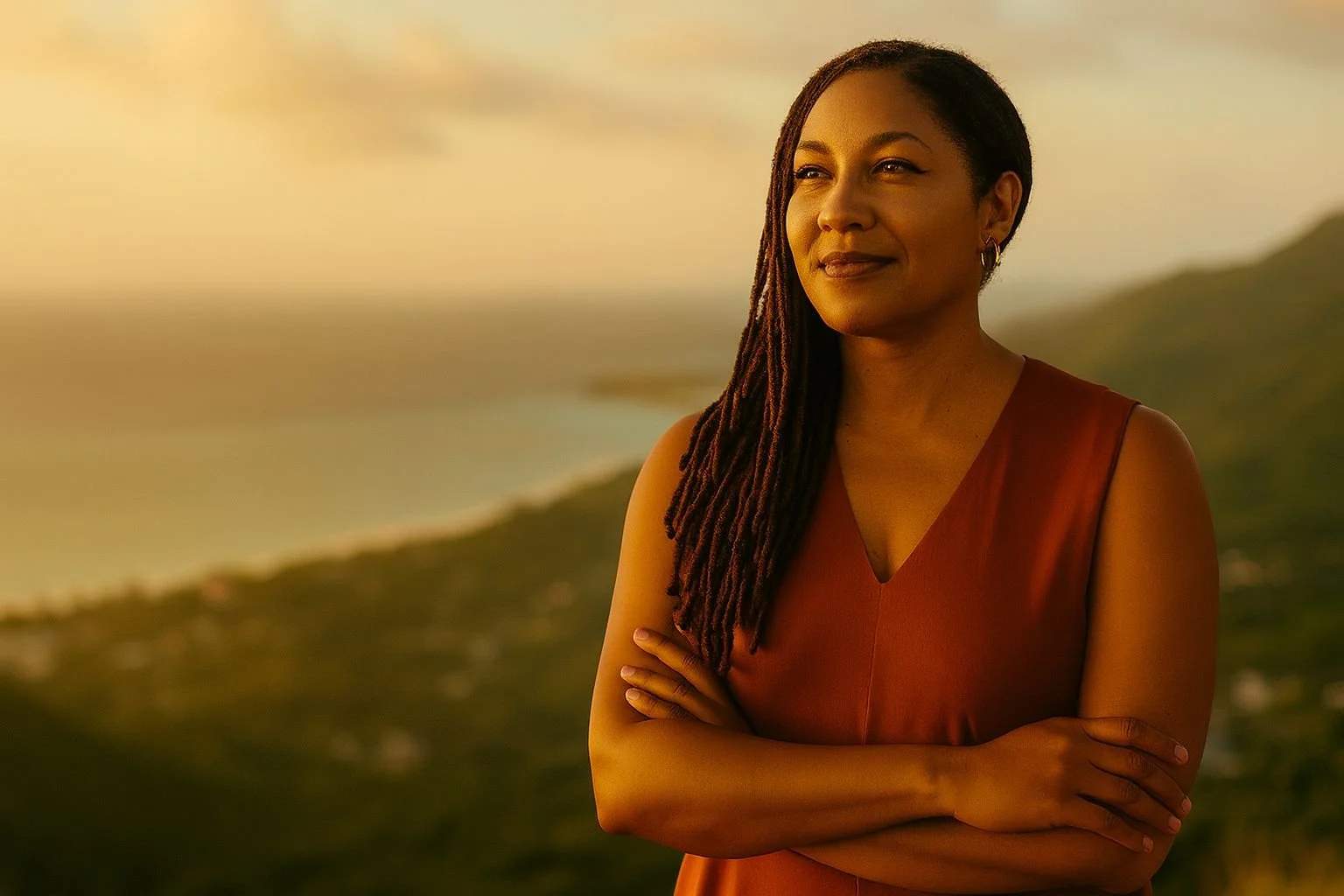 A woman with long dreadlocks and a sleeveless rust-colored top stands outdoors during sunset, with arms crossed and a serene expression, overlooking a landscape of hills and water.