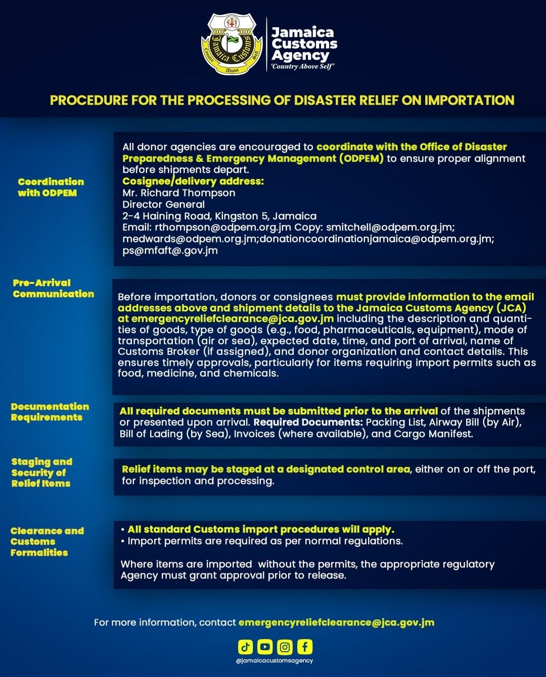 Notice from Jamaica Customs Agency outlining procedures for disaster relief import processing, including coordination, documentation, staging, customs formalities, and contact information.