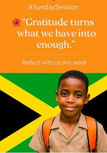 A young boy wearing a khaki school uniform and backpack, standing in front of a Jamaican flag with orange background and motivational quote about gratitude.