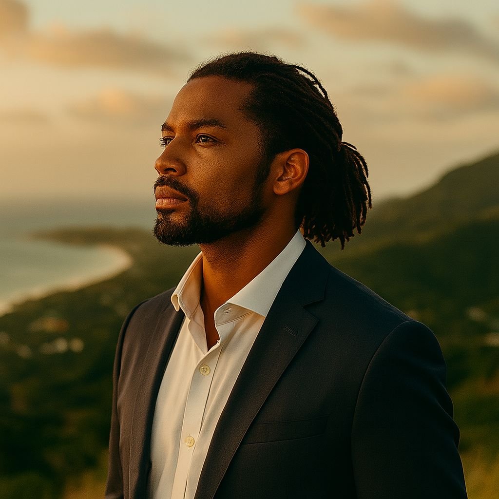 A man with dreadlocks, a beard, and a mustache dressed in a dark suit and white shirt, looking to the left, outdoors with a landscape of the ocean, mountains, and cloudy sky in the background.
