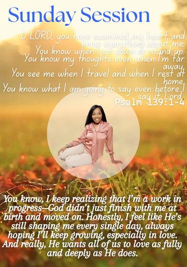 A woman sitting on grass during sunset with a Bible verse about Sunday worship and faith, featuring a superimposed image of a smiling woman in a pink jacket.