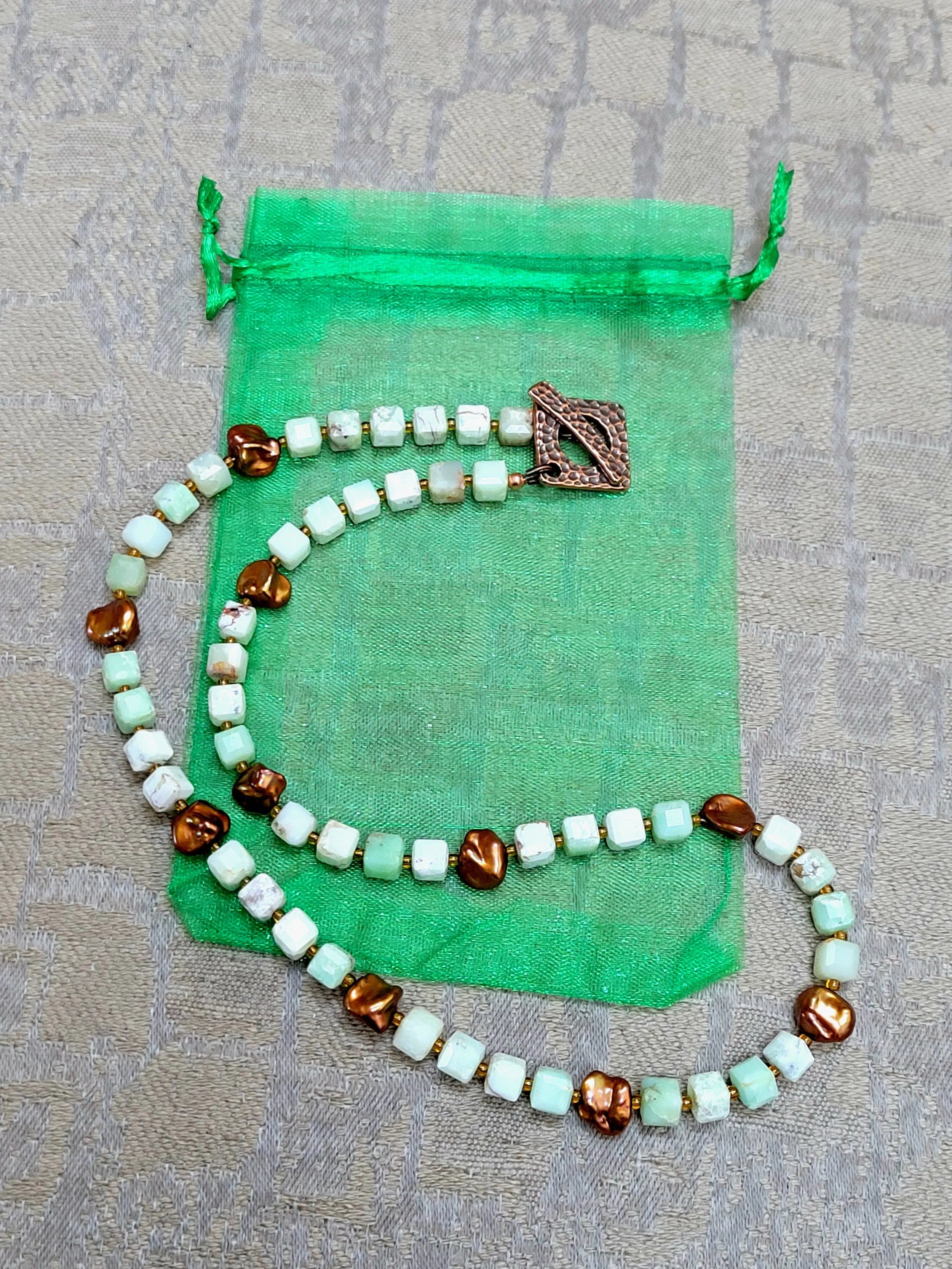 Australian Green Opal Beads and Bronze Cornflake Freshwater Pearl Necklace