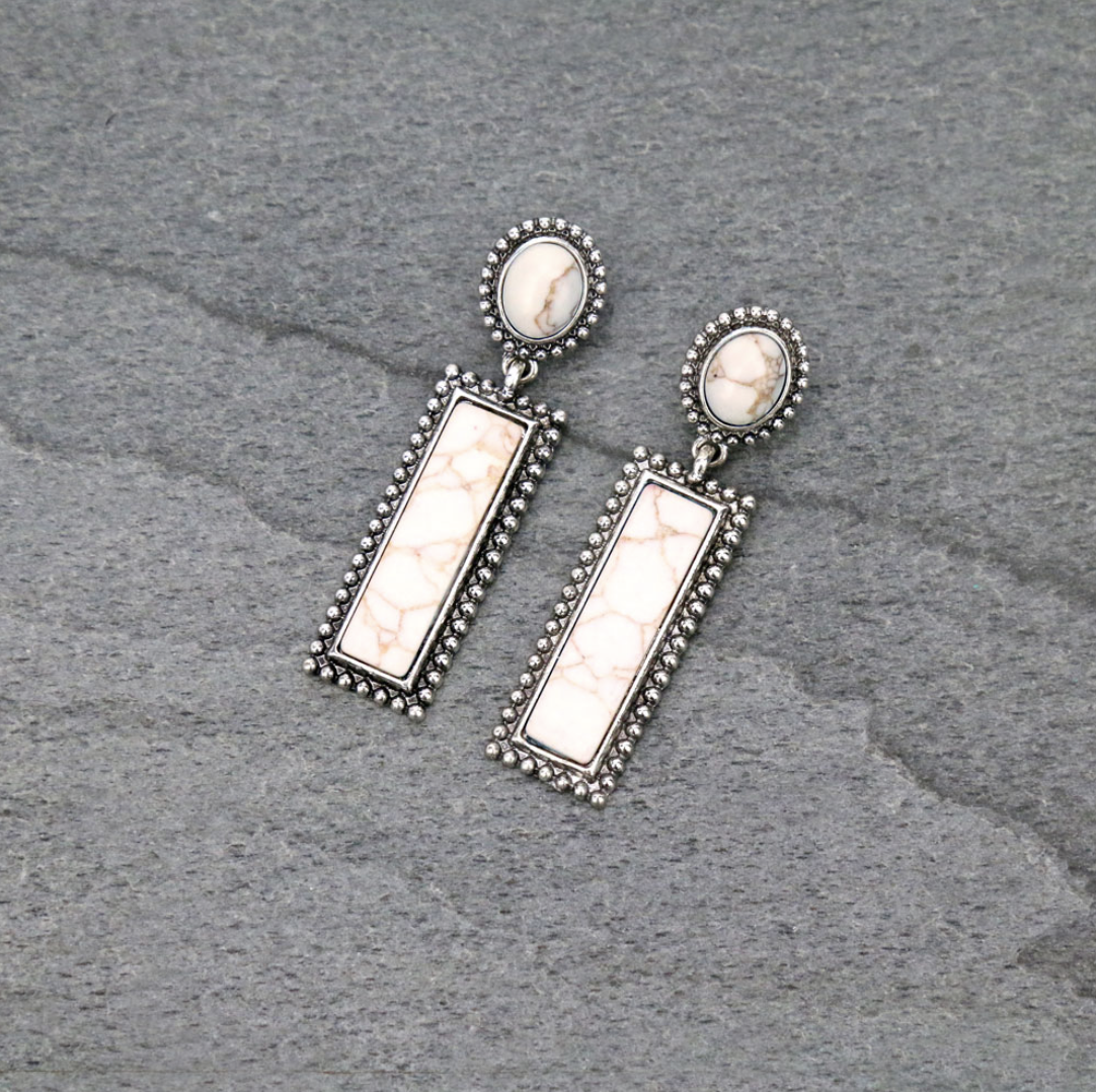 Western Rectangle Stone Stud Earrings - White