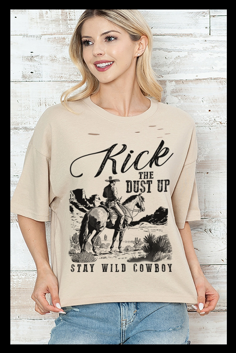 Die Cut Cowboy Graphic Crop Tee - Khaki
