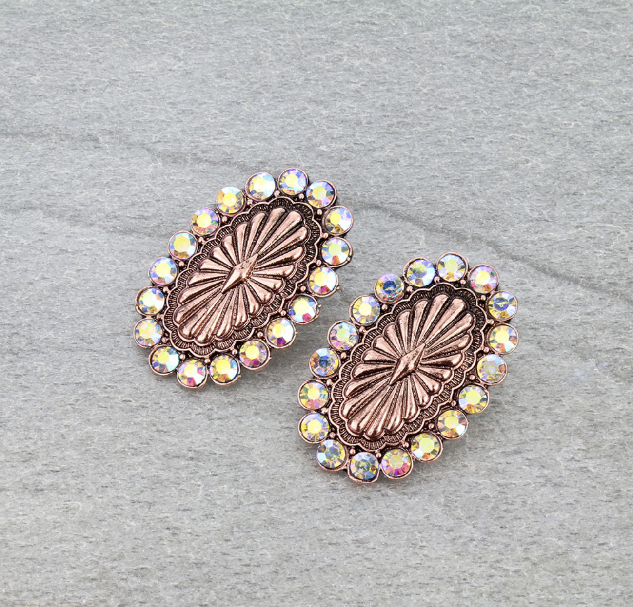 Western Concho Stone Stud Earrings - Copper