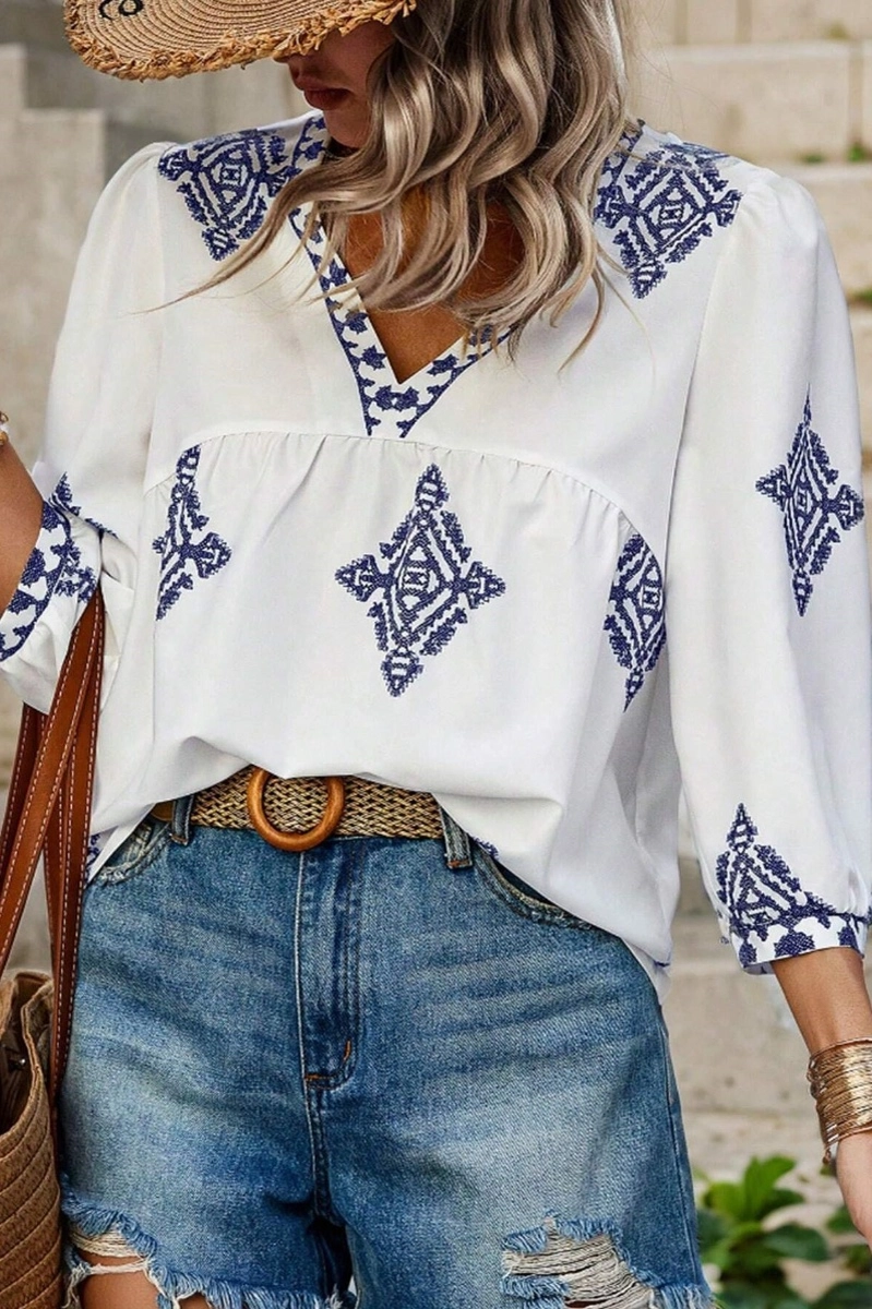 Printed Seven-Quarter Sleeve V-Neck Top