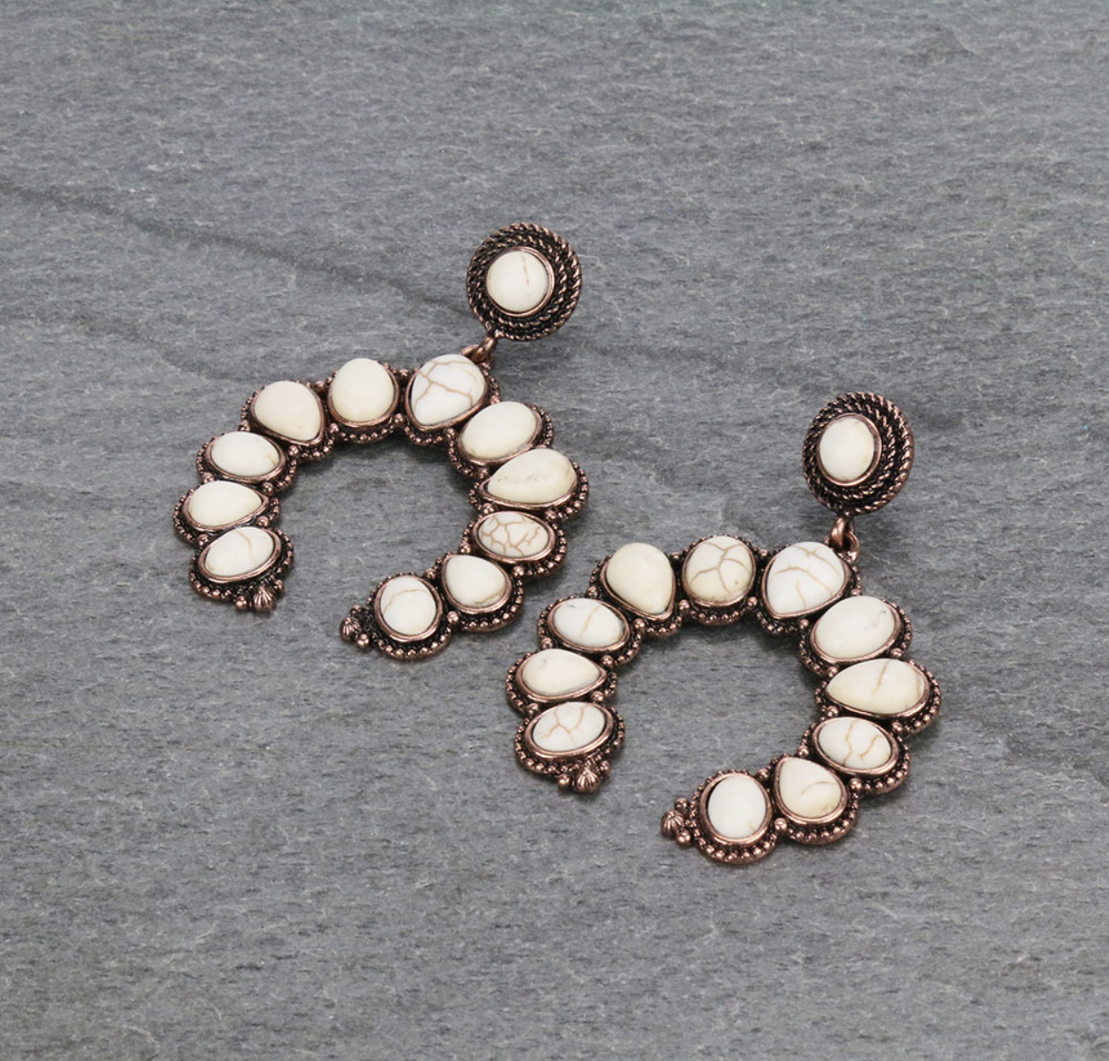 Western Squash Blossom Stone Stud Earrings - White