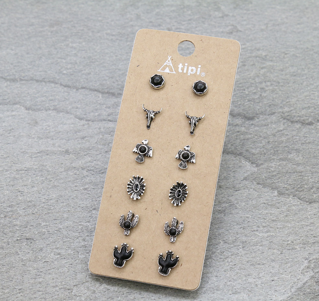 6 Pair Western Design Stud Earring Set - Black